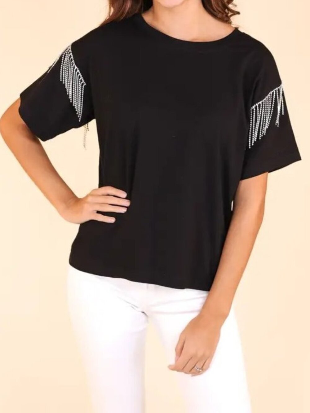 2 for $15 - Bundle and Save: Glitzy Gal Black Tee with Rhinestone Fringe